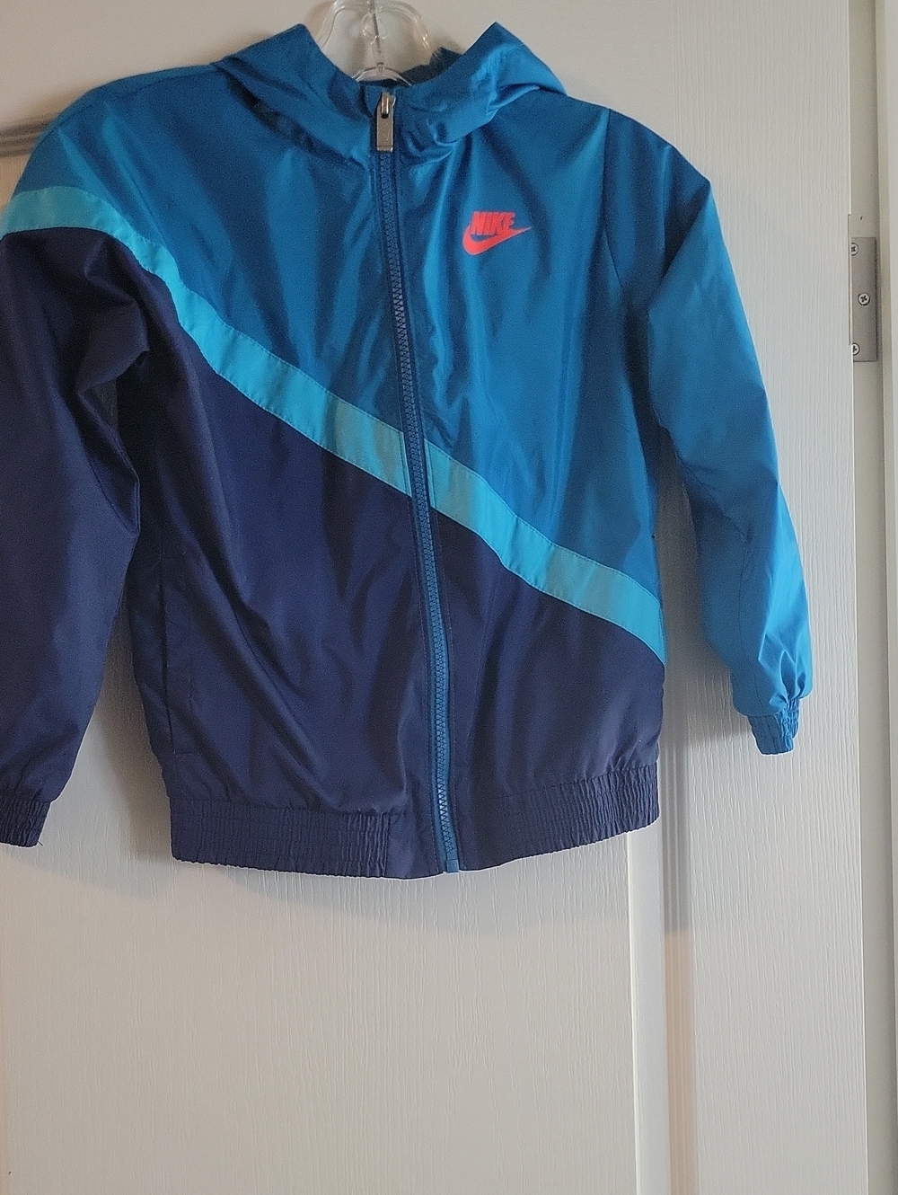 Nike Kids Two-Tone Blue Hooded Rain Jacket with Teal Stripe